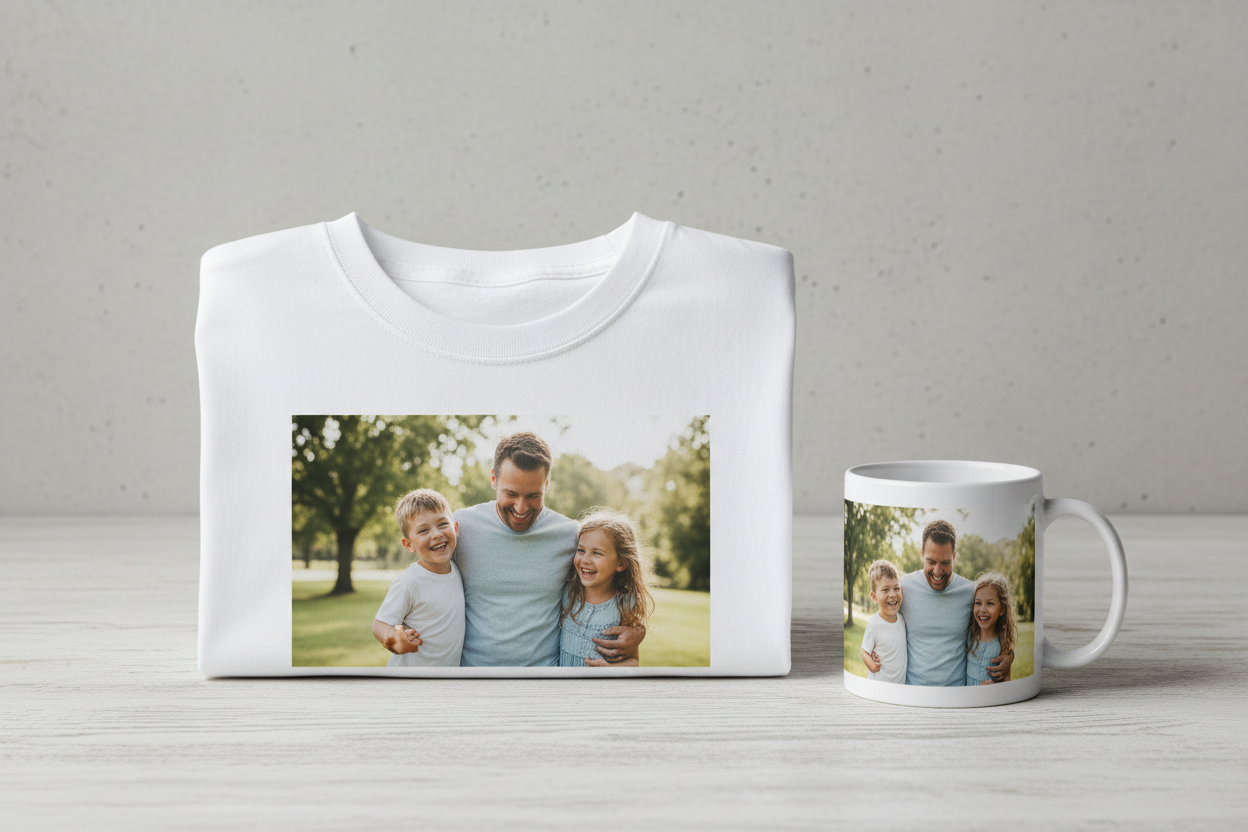 가족사진이 프린트된 하얀 티셔츠와 머그잔